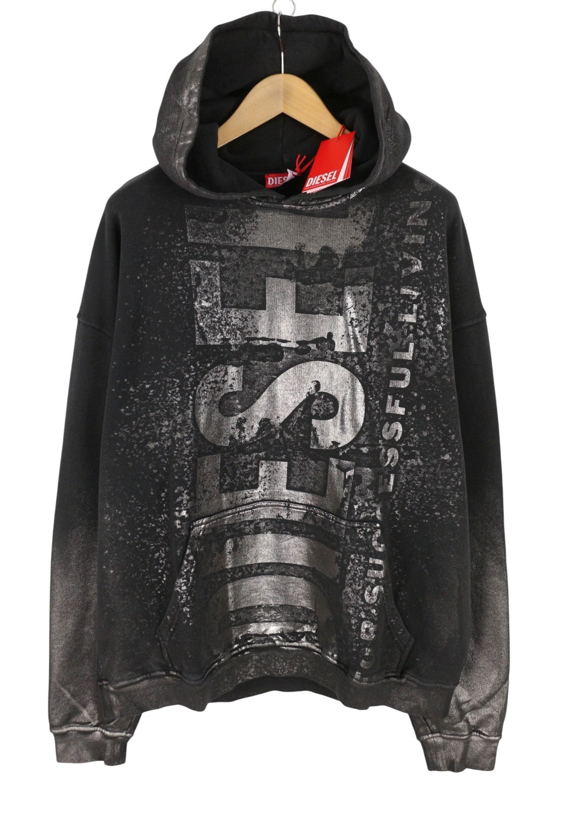 DIESEL S-Boxt-Hood-Q6 Men Hoodie XL Black Metallic Shiny Relaxed Fit RRP395
