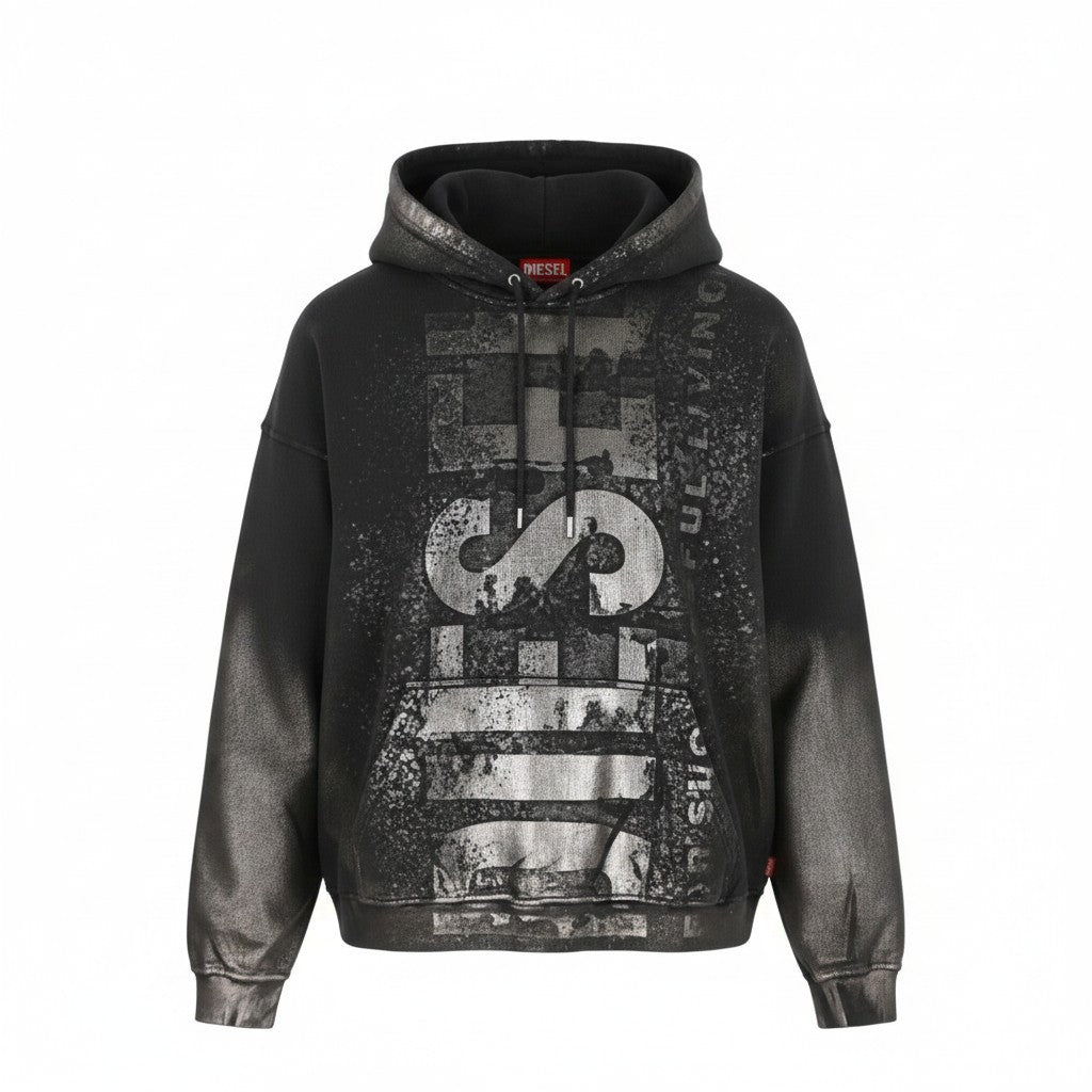 DIESEL S-Boxt-Hood-Q6 Men Hoodie XL Black Metallic Shiny Relaxed Fit RRP395