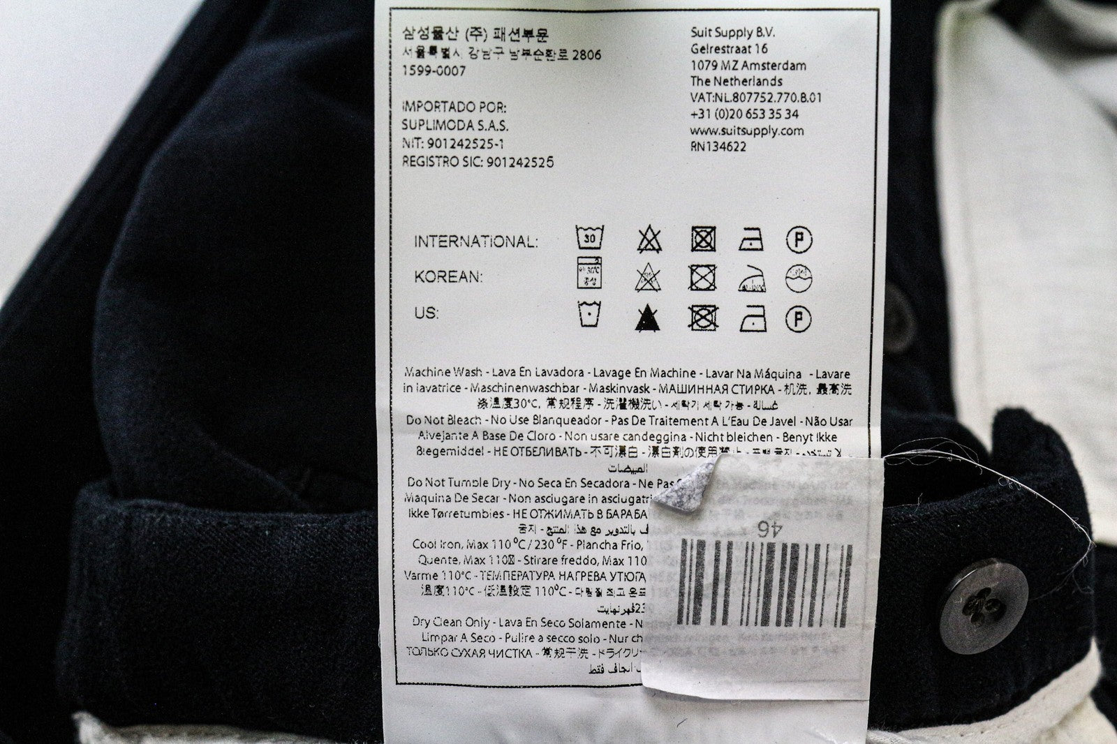 SUITSUPPLY Jort Porto vyriškos klostuotos kelnės, UK30R, tamsiai mėlynos, klasikinės, grynos medvilnės 