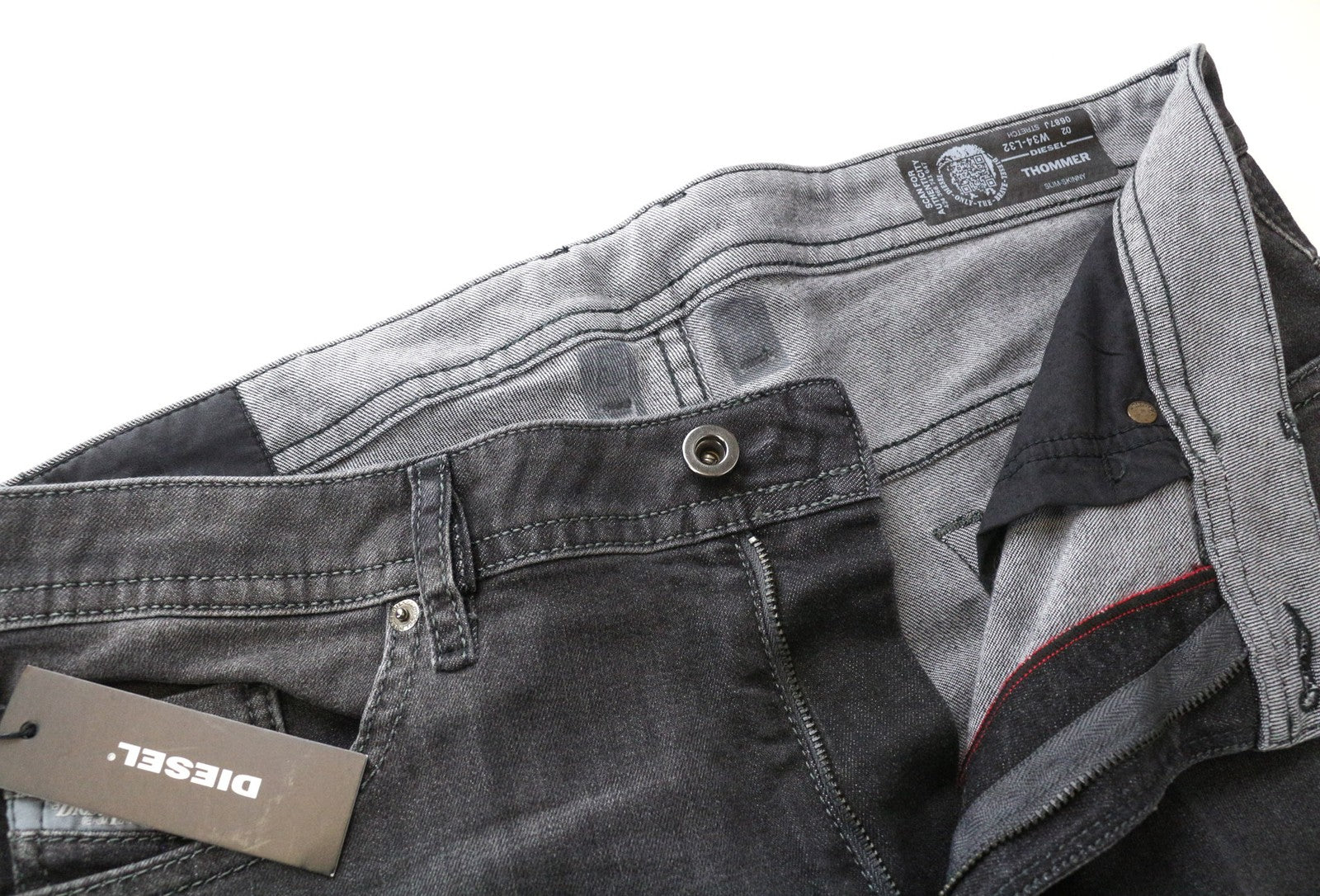 DIESEL Thommer 0687J vyriški ploni aptempti džinsai W34/L32 pilki skalbto tampraus džinso audiniai 