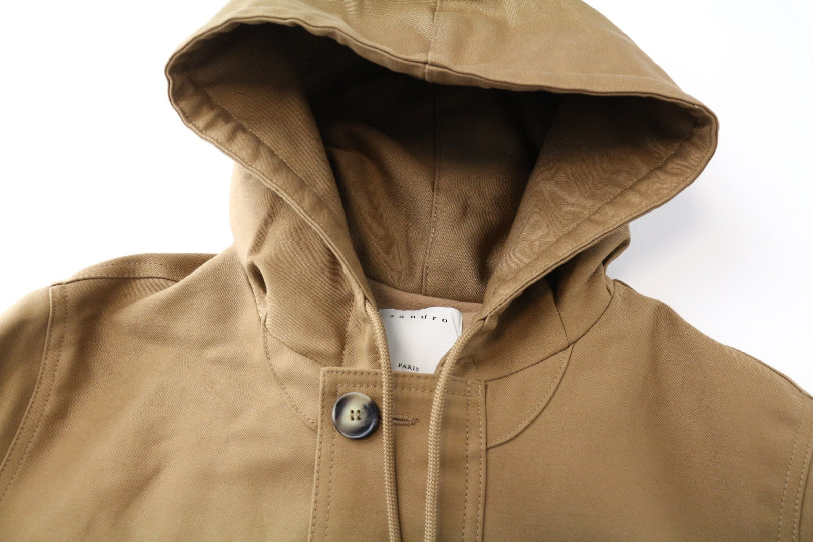 SANDRO Men Jacket XS Camel Brown Parka Hooded Classic Buttoned Lined Deck Cotton