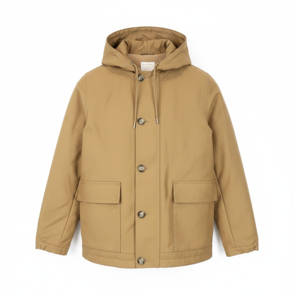 SANDRO Men Jacket 2XL Light Brown Parka Hood Classic Zip-Fly Lined Pure Cotton