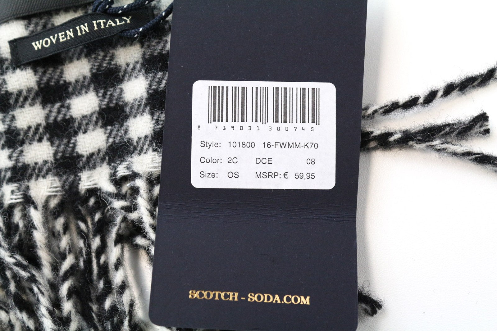 SCOTCH & SODA Men Scarf One Size Grey Wool Blend Tartan Check Unisex Tassels