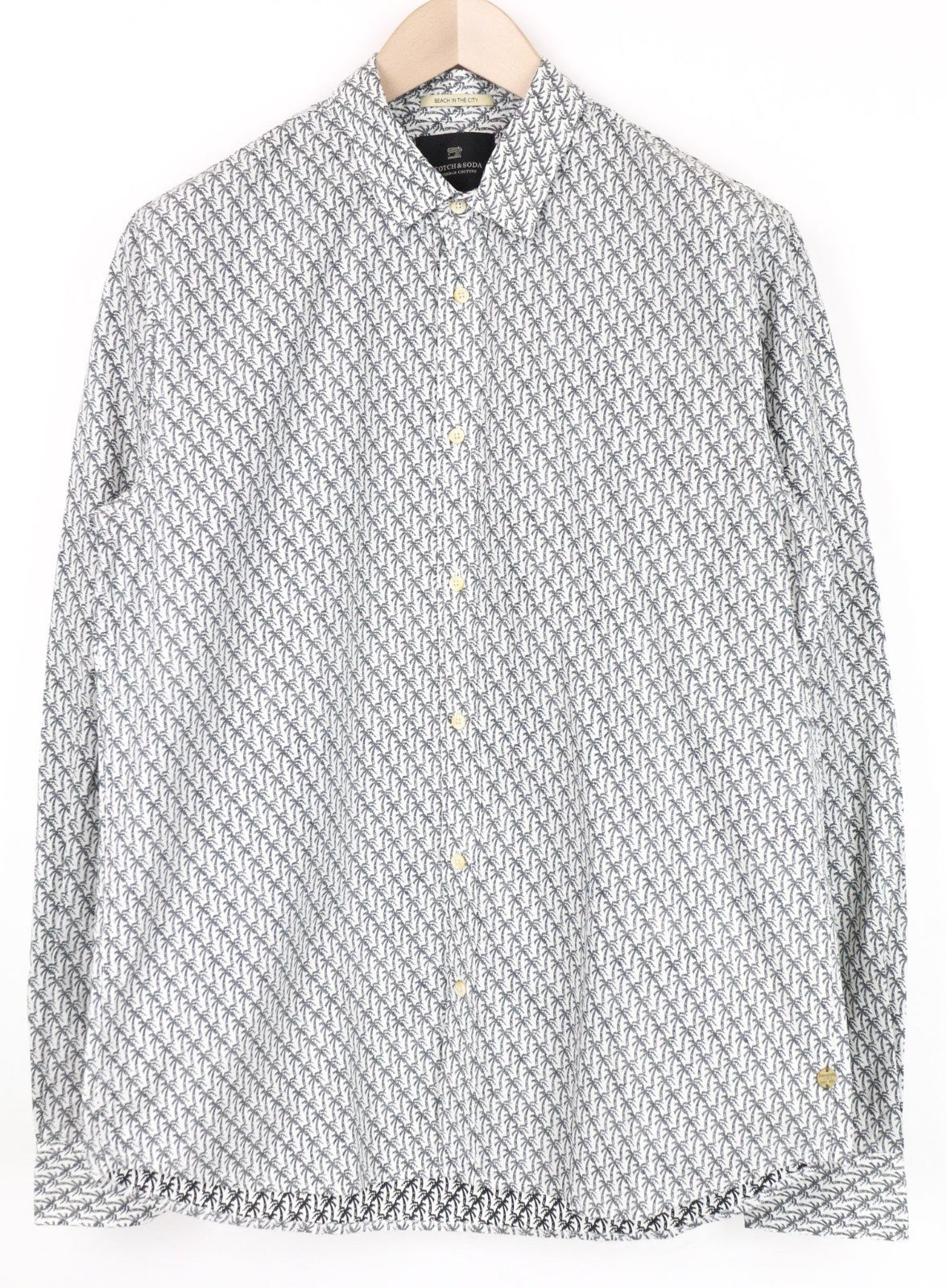 SCOTCH & SODA Ams Couture Men Shirt L White Cotton Palm Patterns Long Sleeve