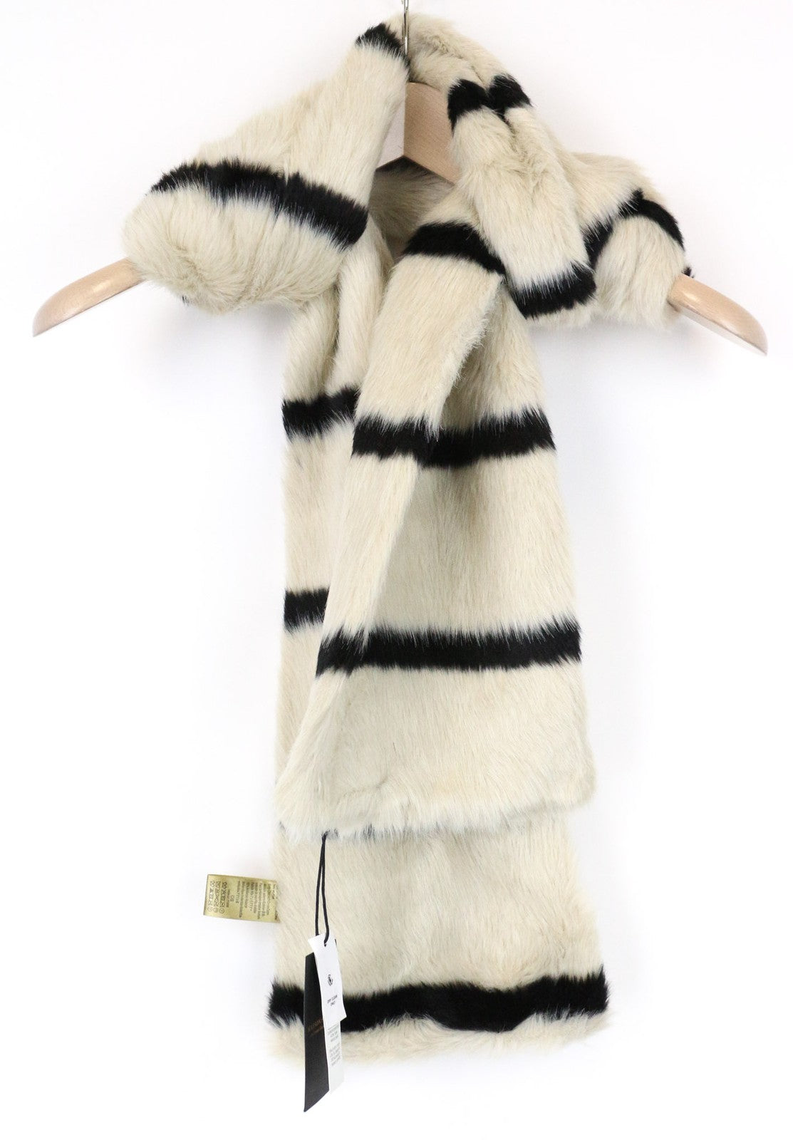 MAISON SCOTCH Women Scarf OS Beige Brown Striped Pattern Faux Fur Winter
