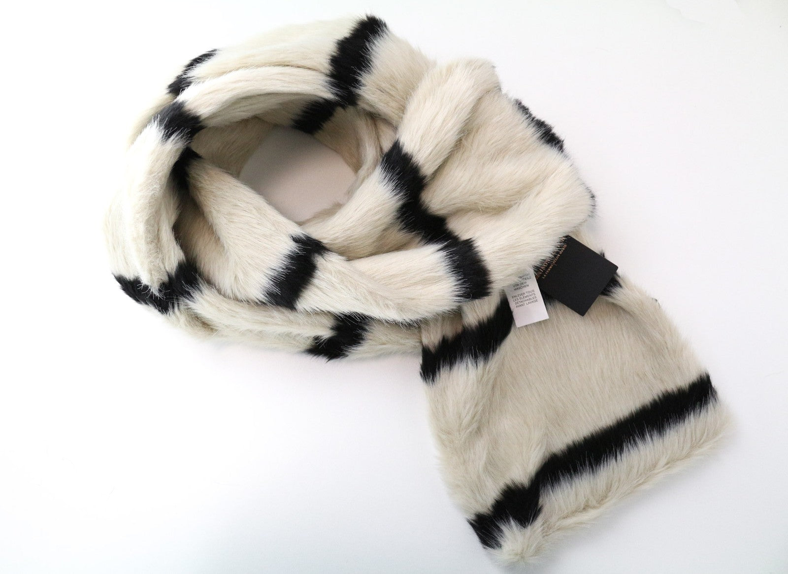 MAISON SCOTCH Women Scarf OS Beige Brown Striped Pattern Faux Fur Winter