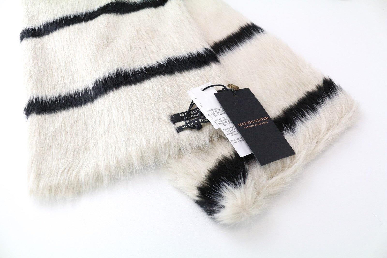 MAISON SCOTCH Women Scarf OS Beige Brown Striped Pattern Faux Fur Winter