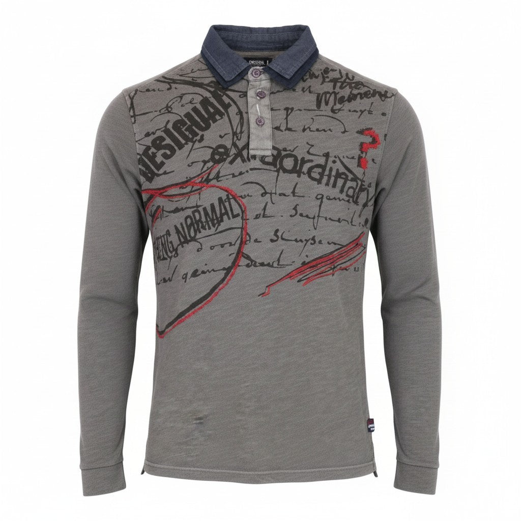 DESIGUAL Javi Men T-Shirt S Grey Pure Cotton Long Sleeve Patterned Polo