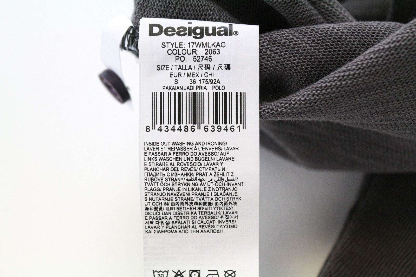 DESIGUAL Javi Men T-Shirt S Grey Pure Cotton Long Sleeve Patterned Polo