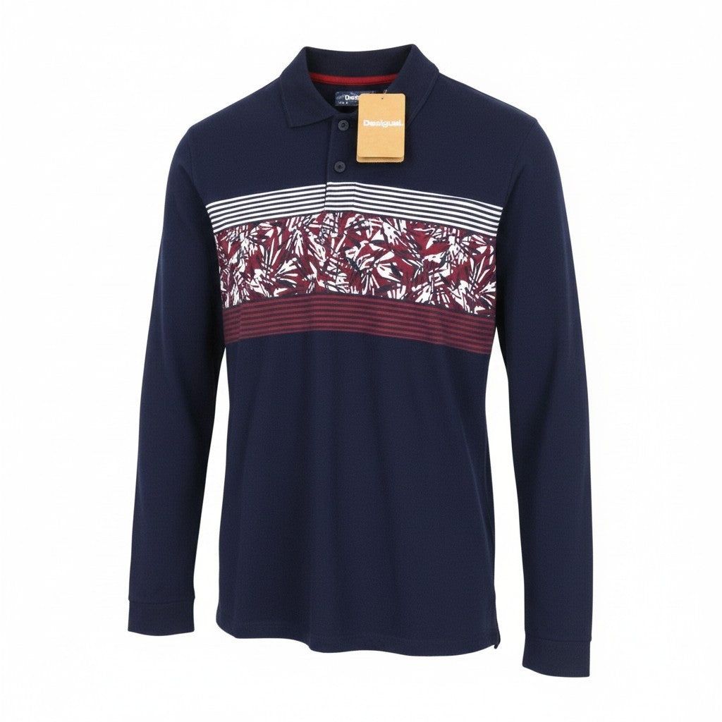 DESIGUAL Tepit Men T-Shirt L Pure Cotton Navy Patterned Long Sleeved Polo