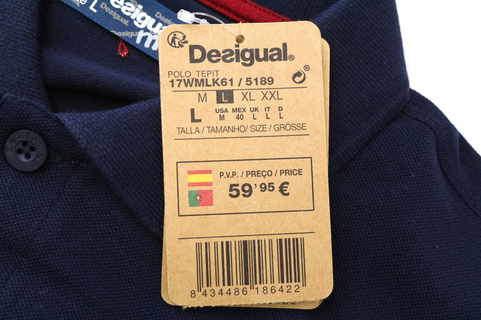 DESIGUAL Tepit Men T-Shirt L Pure Cotton Navy Patterned Long Sleeved Polo