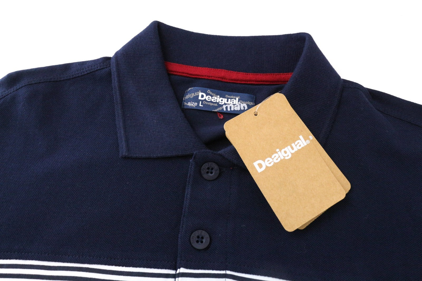 DESIGUAL Tepit Men T-Shirt L Pure Cotton Navy Patterned Long Sleeved Polo