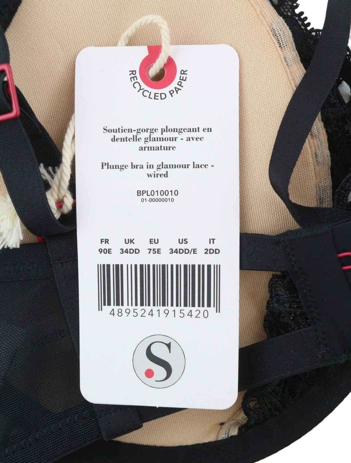 SCANDALE Plunge In Glamour Lace-Wired Women's Bra 90E Black Lace Detail