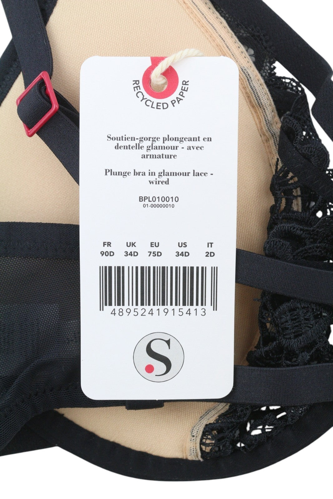 SCANDALE Plunge In Glamour Lace-Wired Women's Bra 90D Black Guipure Trim