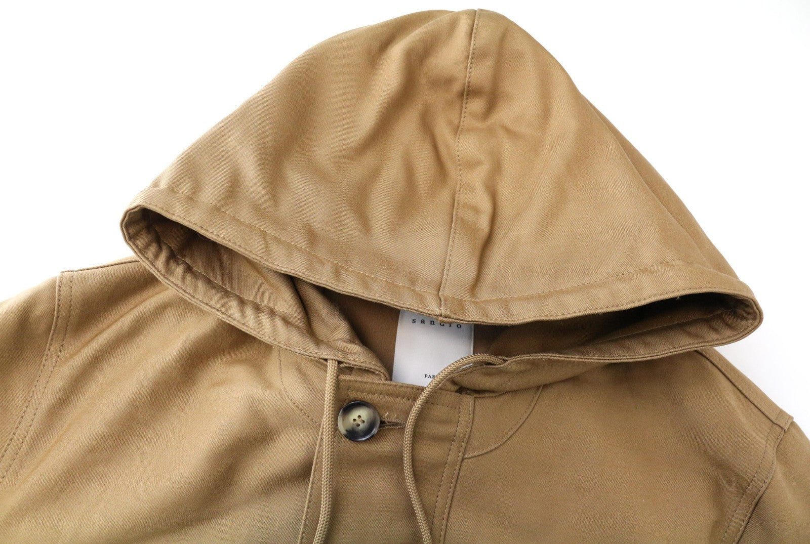 SANDRO Men Jacket L Camel Brown Pure Cotton Hooded Casual Single-Breasted