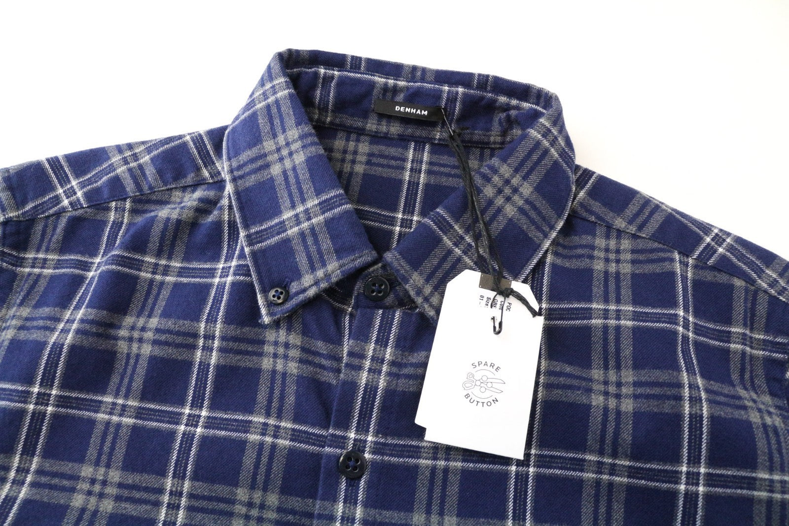 DENHAM Pocket Men Shirt S Blue Flannel-Like Cotton Tartan Check Button-Down