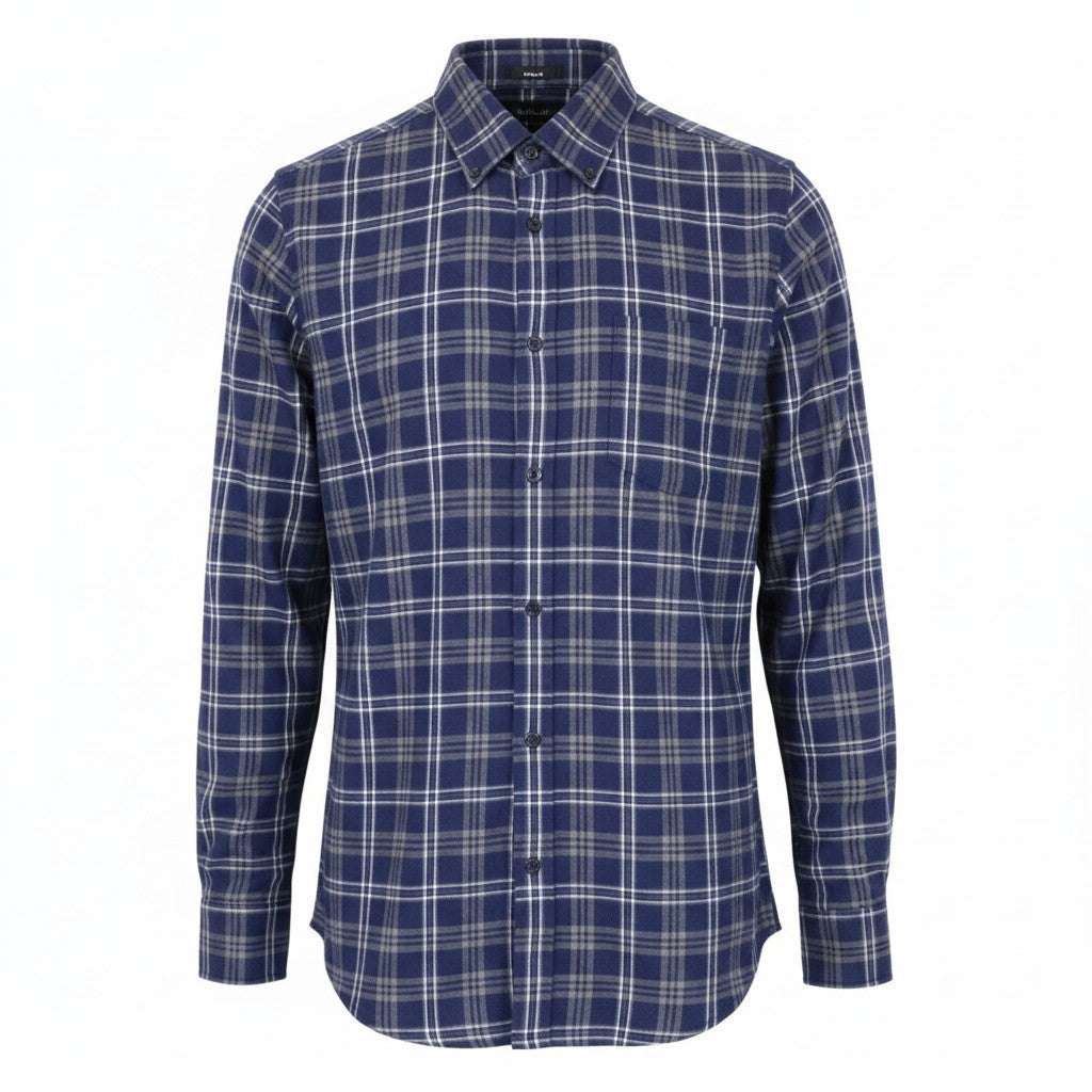 DENHAM Pocket Men Shirt S Tartan Check Print Navy Blue Flannel-Like Button-Down