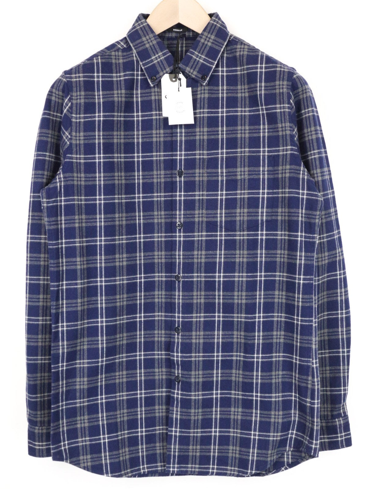 DENHAM Pocket Men Shirt S Tartan Check Print Navy Blue Flannel-Like Button-Down