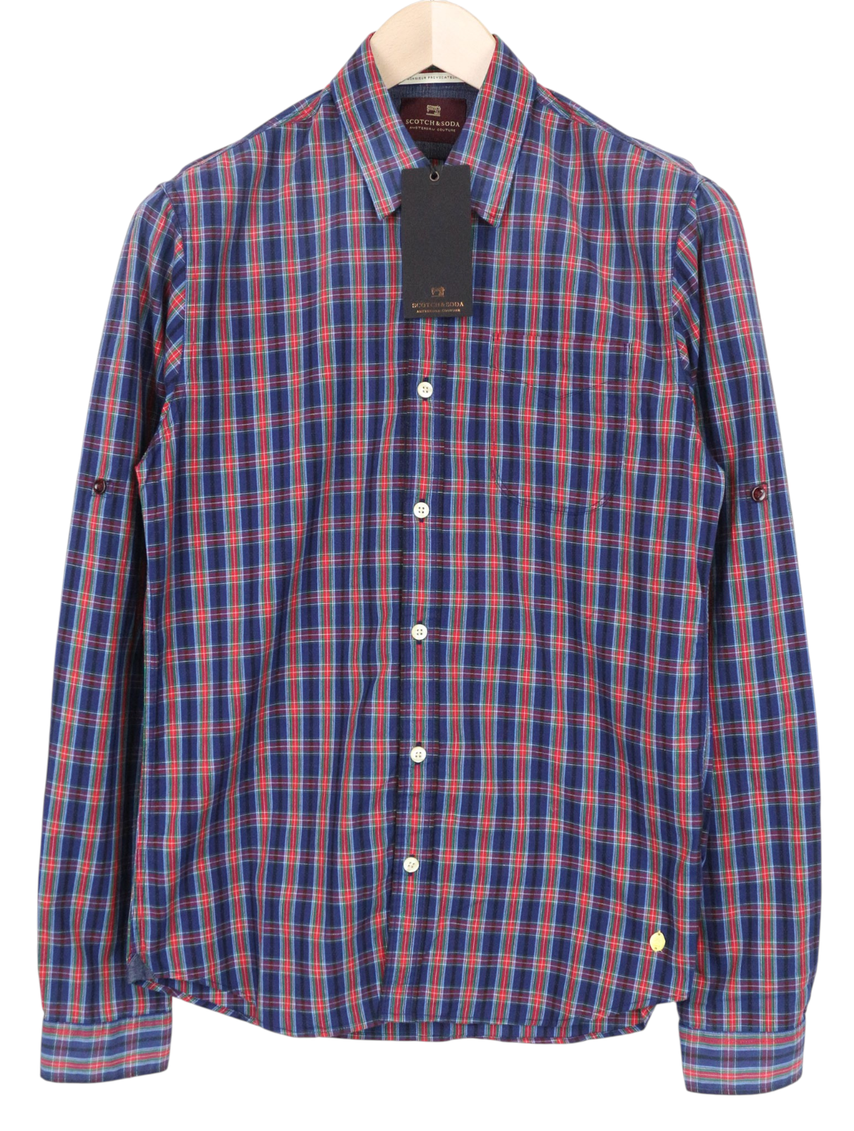 SCOTCH & SODA Men Shirt S Blue Plaid Check Melange Classic Button Up Pure Cotton