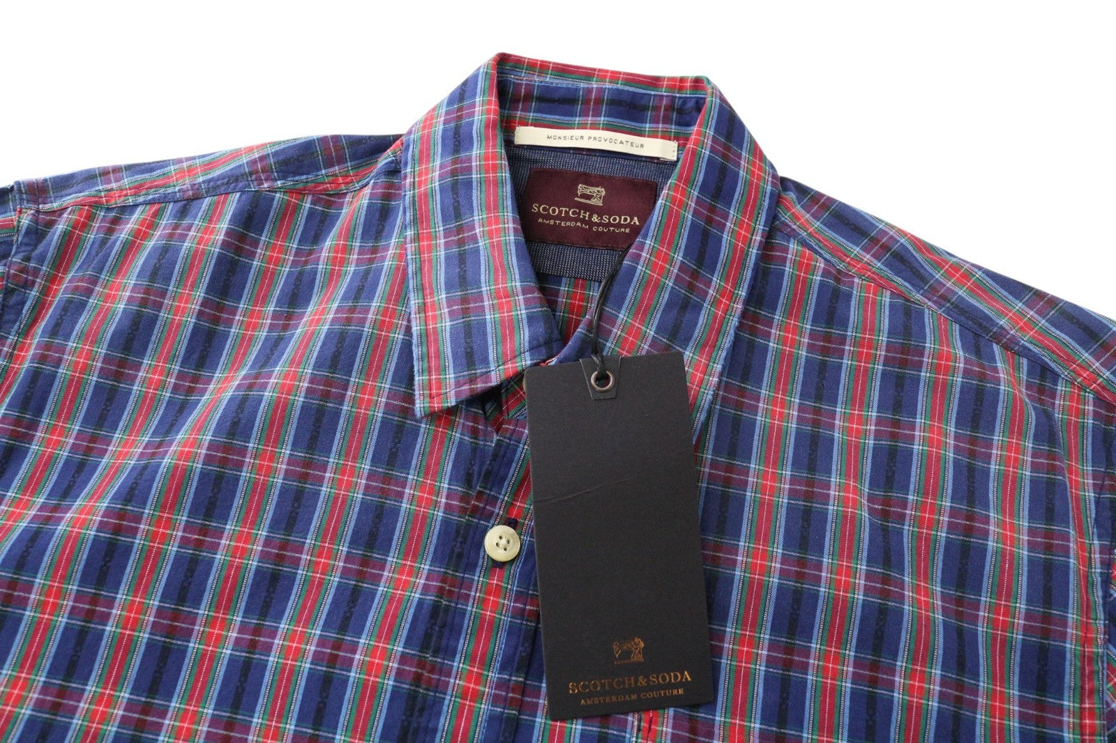 SCOTCH & SODA Men Shirt S Blue Plaid Check Melange Classic Button Up Pure Cotton