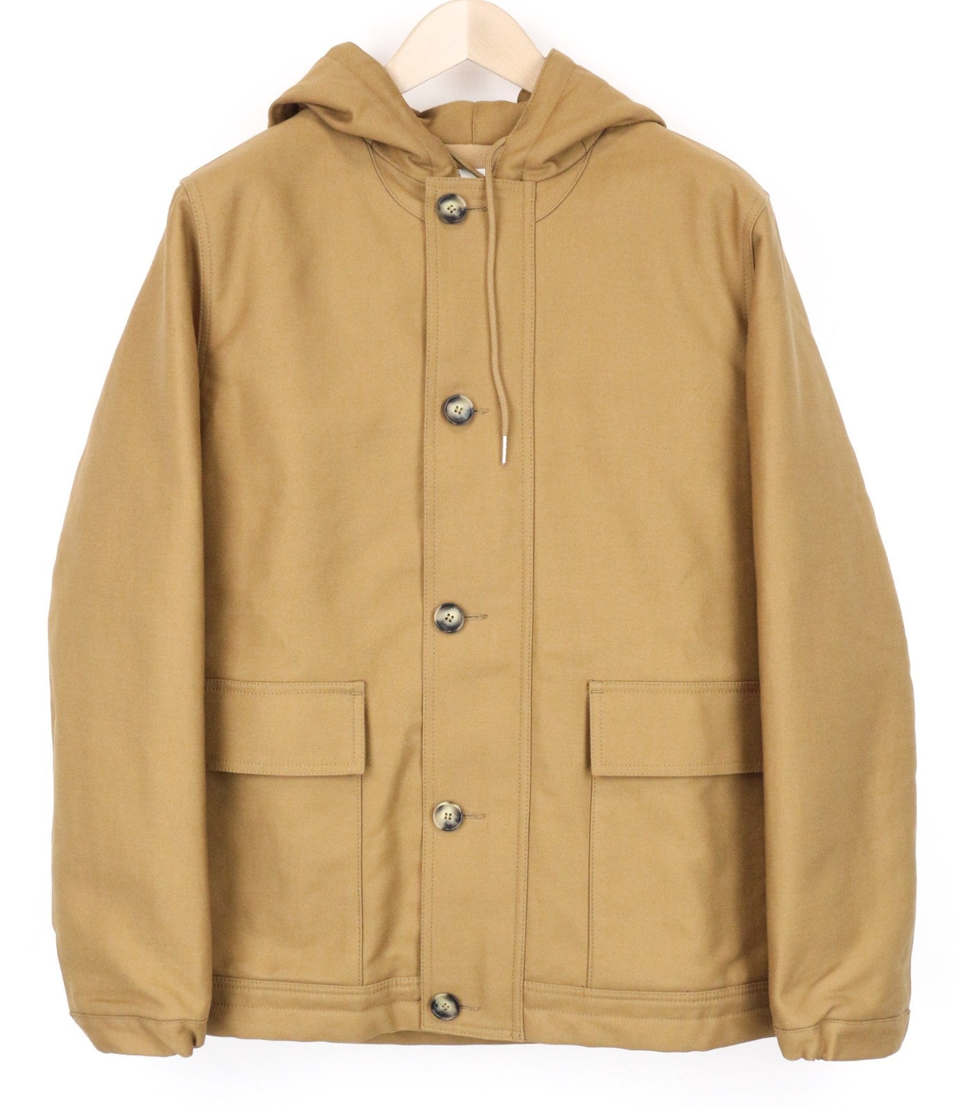 SANDRO Men Jacket S Camel Brown Hooded Parka Deck Pure Cotton Lined Classic