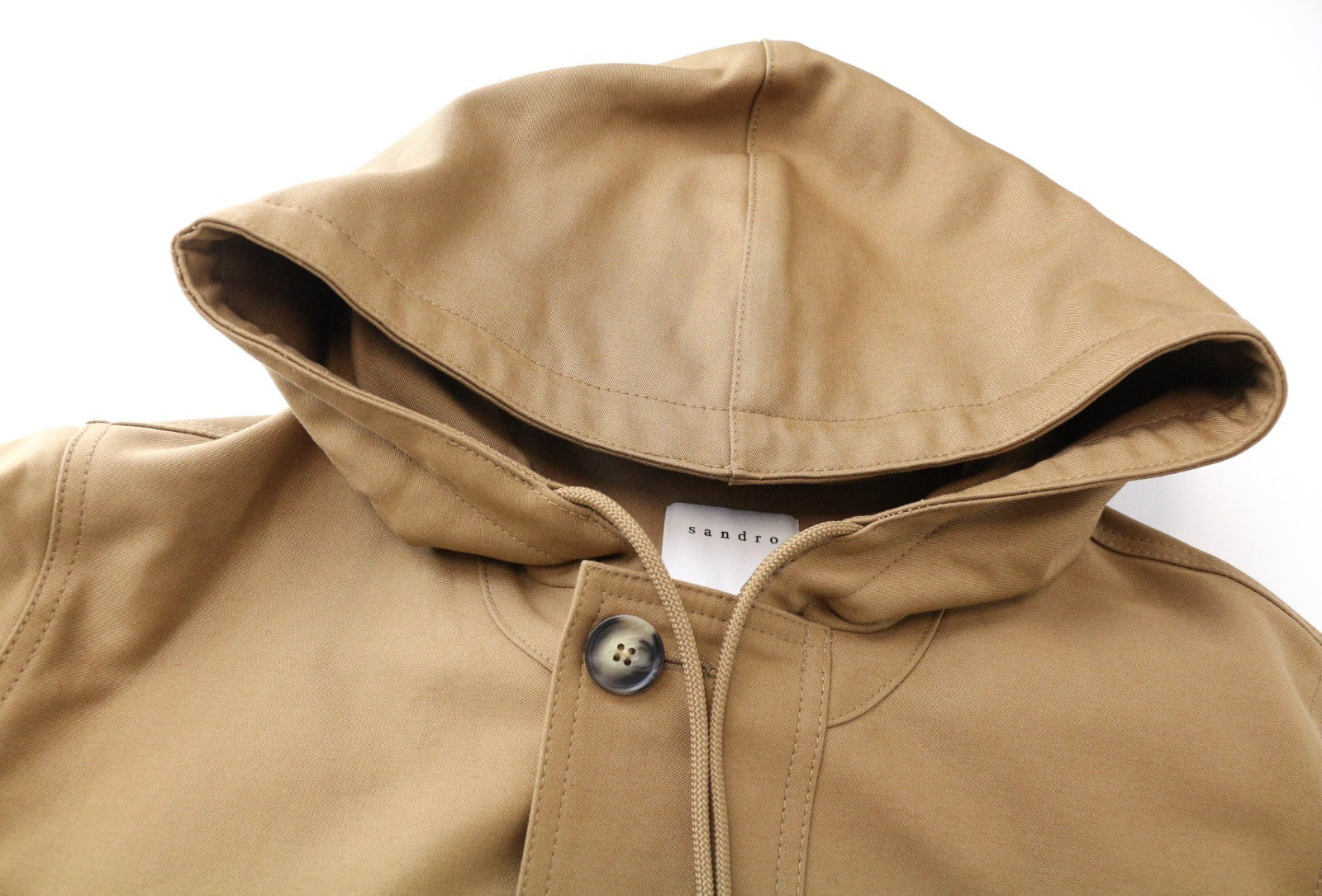SANDRO Men Jacket S Camel Brown Hooded Parka Deck Pure Cotton Lined Classic