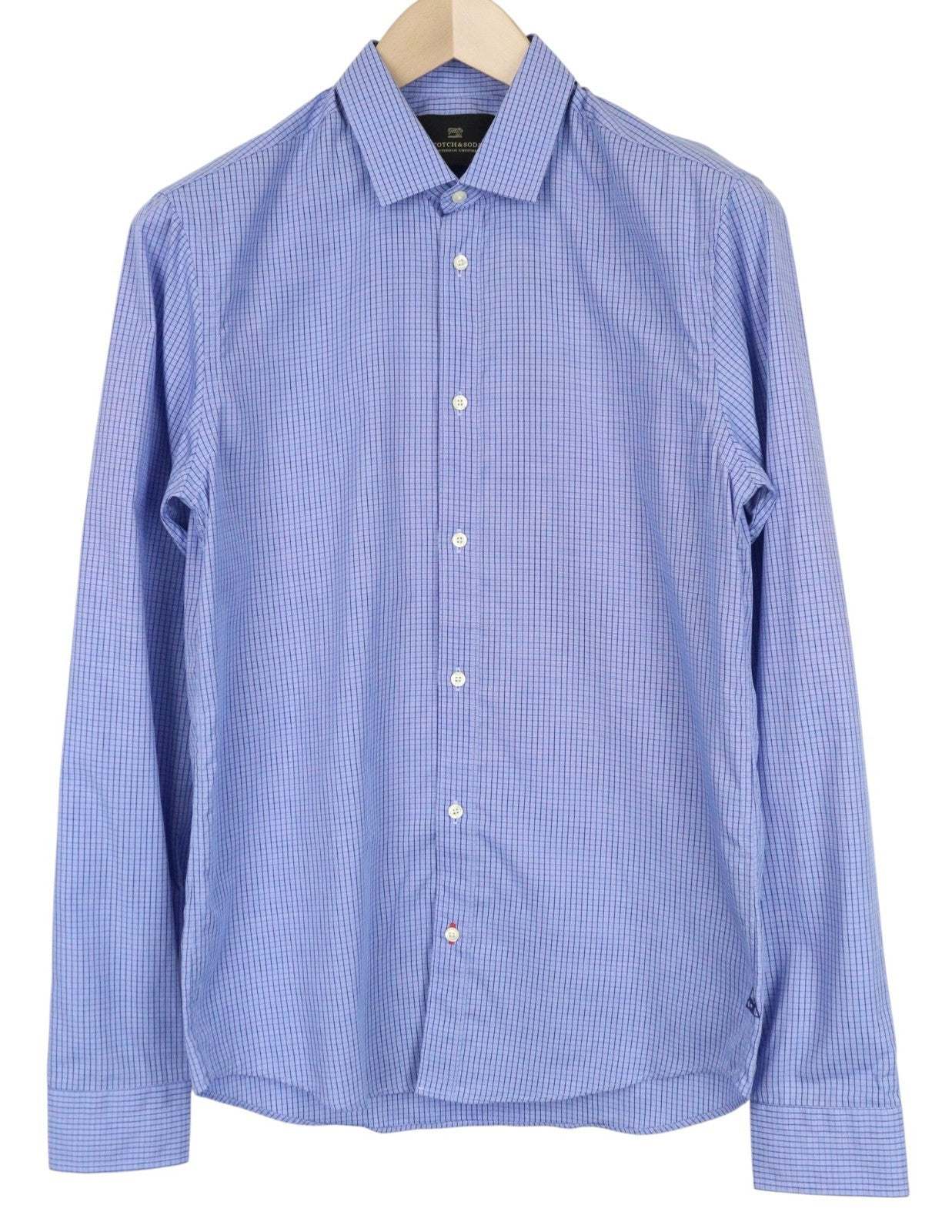 SCOTCH & SODA Men Shirt S Blue Checked Print Classic Pure Cotton Button Up