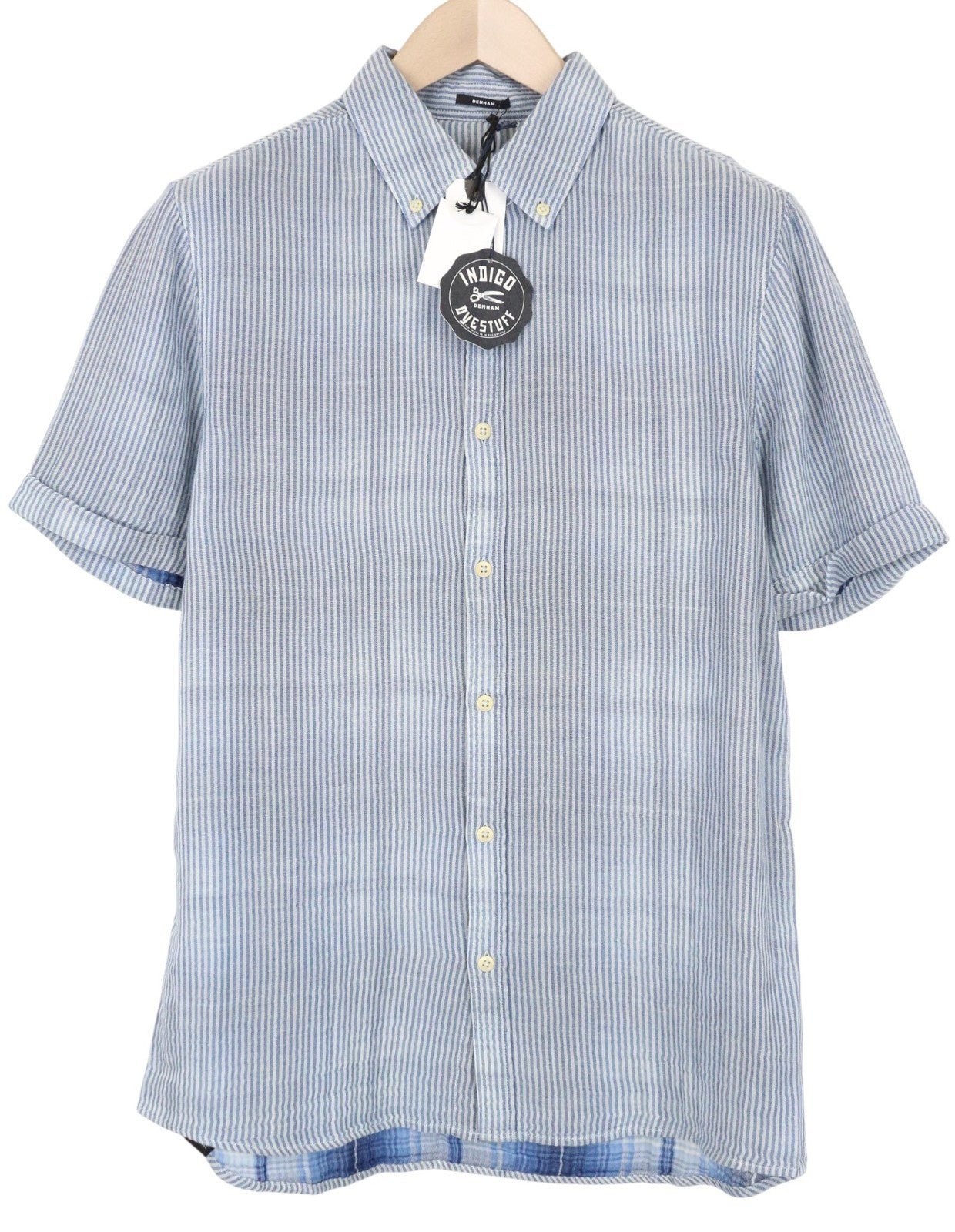 DENHAM Ford Men Shirt M Blue Striped Short Sleeve Button-Down Melange Cotton