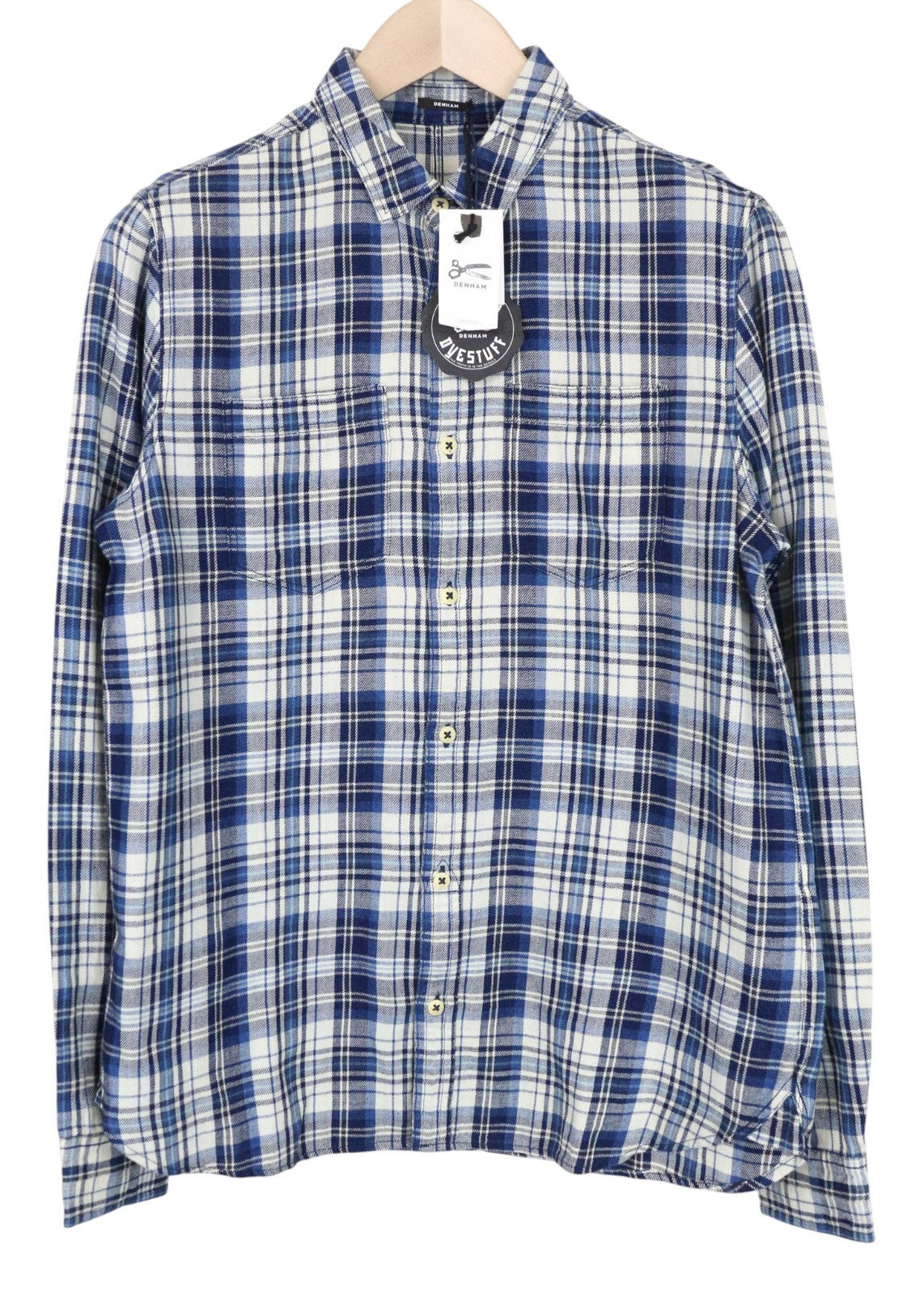 DENHAM Edged Men Shirt S Blue Tartan Check Print Melange Pure Cotton Classic