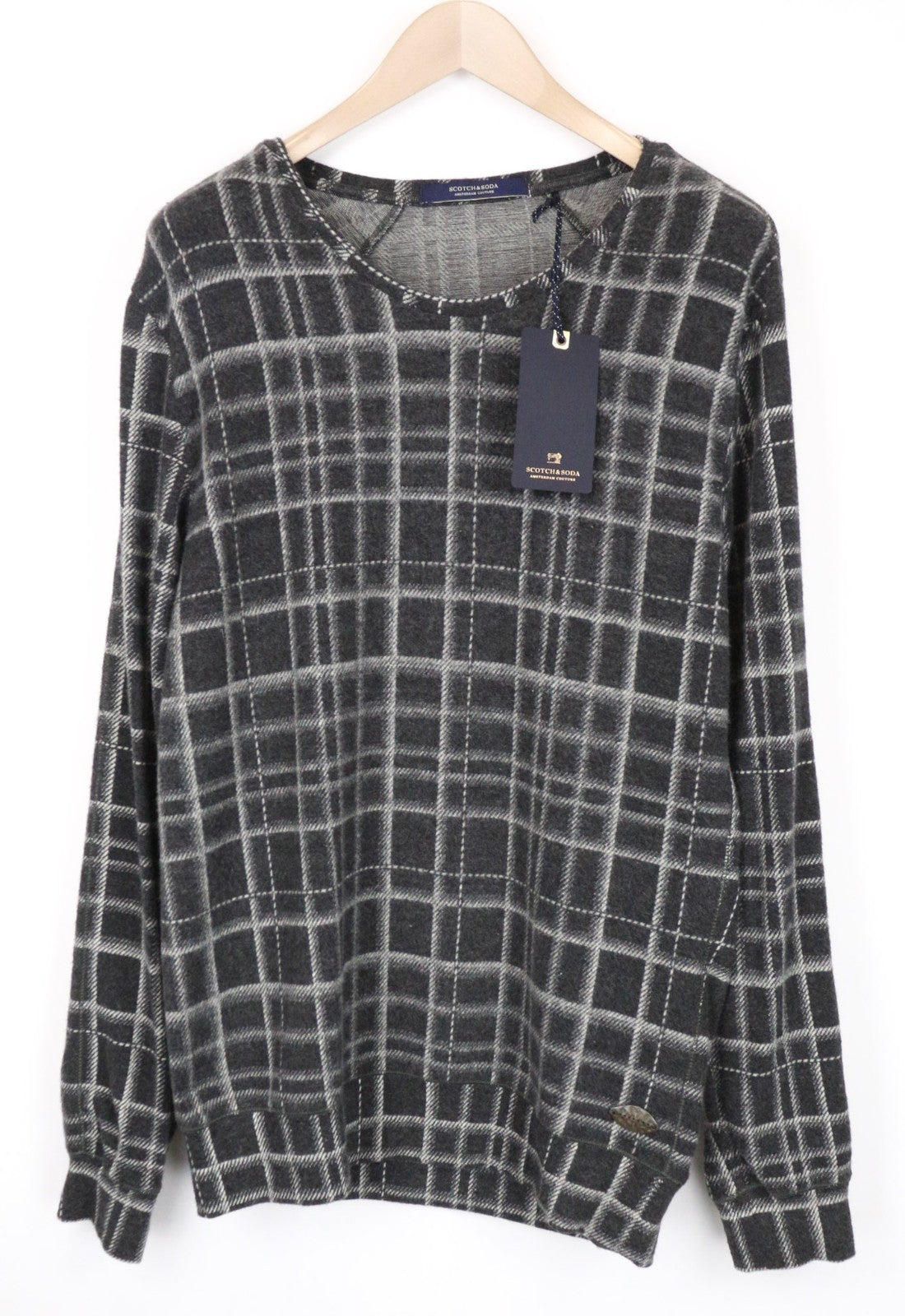 SCOTCH & SODA Men Sweatshirt ~S Mid Grey Tartan Checked Melange Round Neck