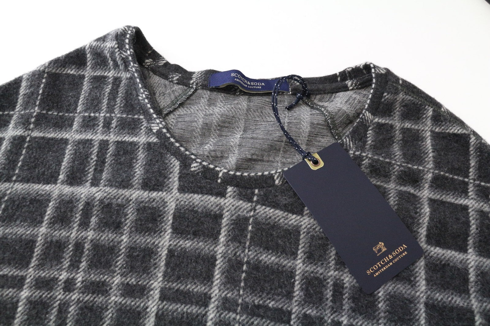 SCOTCH & SODA Men Sweatshirt ~S Mid Grey Tartan Checked Melange Round Neck