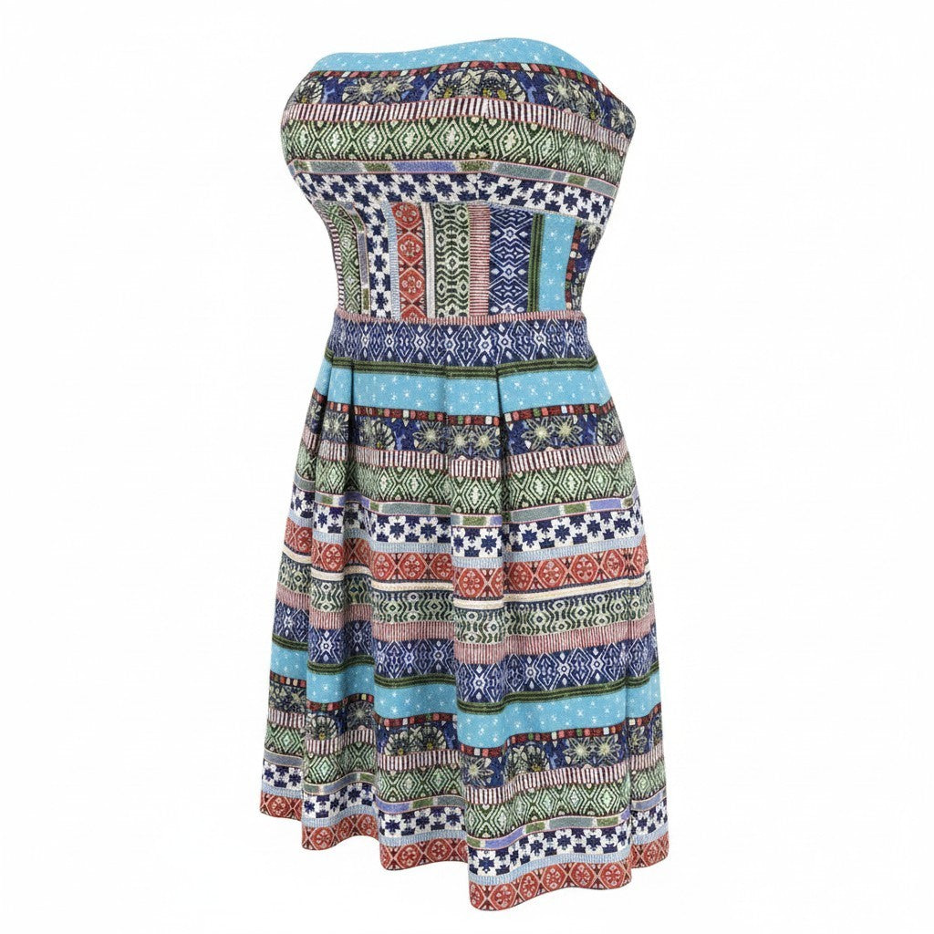 HANITA Women Dress S Blue Patterned Mini Bandeau Open Back Pleated Buttoned