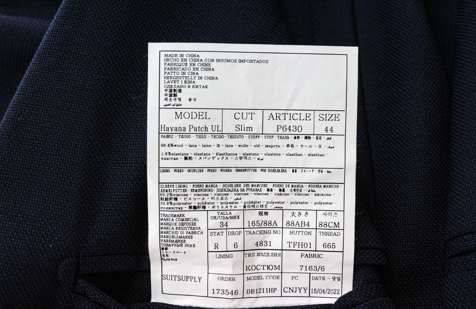 SUITSUPPLY Havana Patch Men Suit UK34R Blue 2-Piece Slim Wool Stretch Unlined