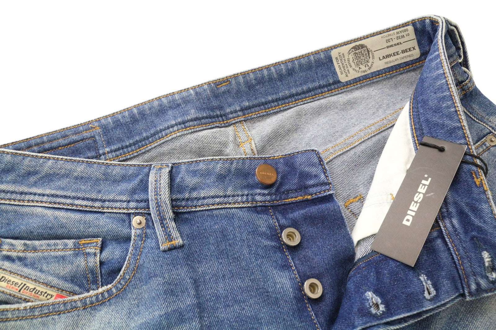 DIESEL Larkee-Beex 089AW Men Jeans W32/L32 Blue Regular Tapered Distress Stretch