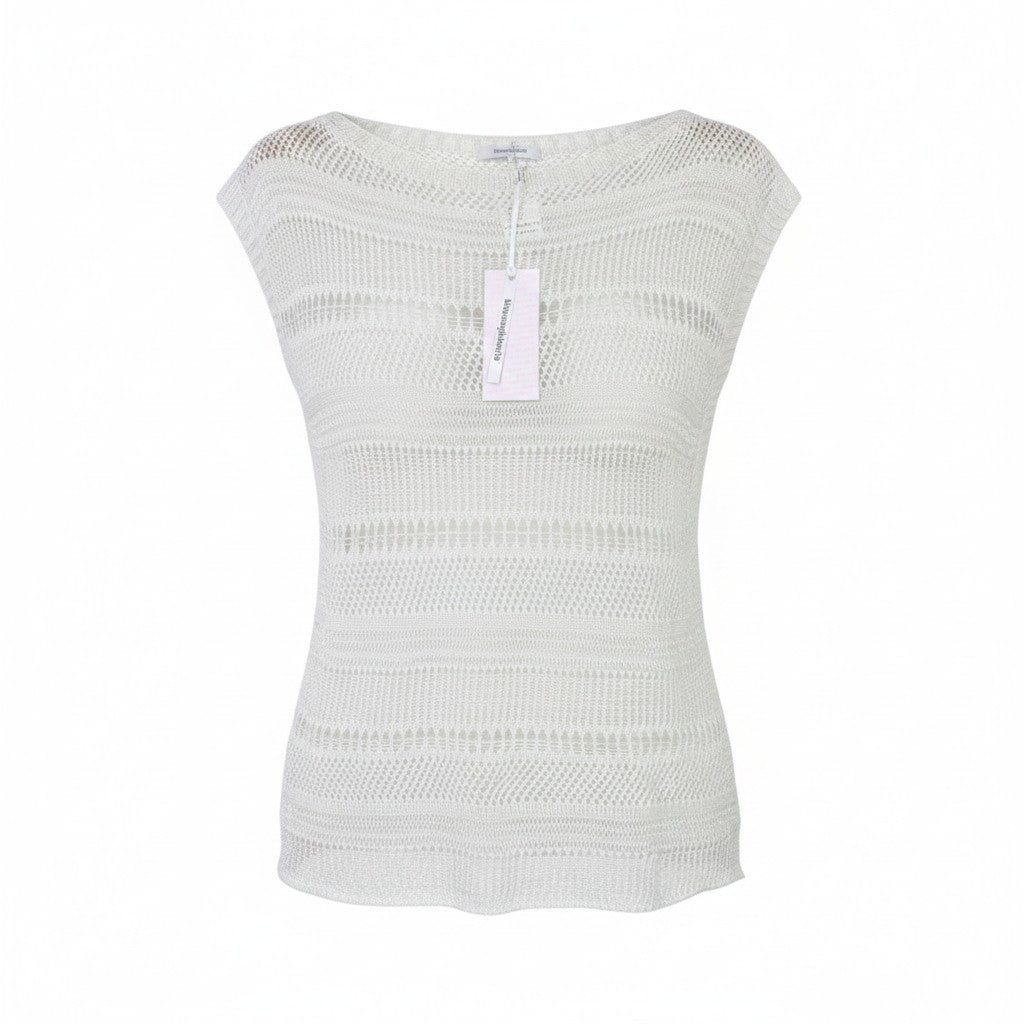 BIANCOGHIACCO Women T-Shirt L Silver Cotton Blend See-Through Knitted Sleeveless