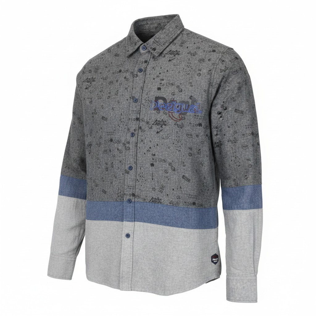 DESIGUAL Didac Men Shirt S Grey Pure Cotton Patterned Long Sleeve