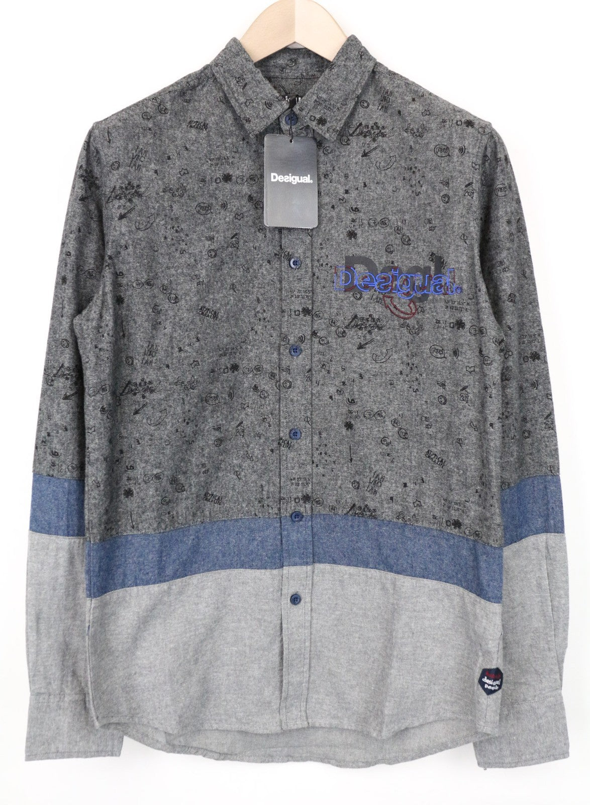 DESIGUAL Didac Men Shirt S Grey Pure Cotton Patterned Long Sleeve