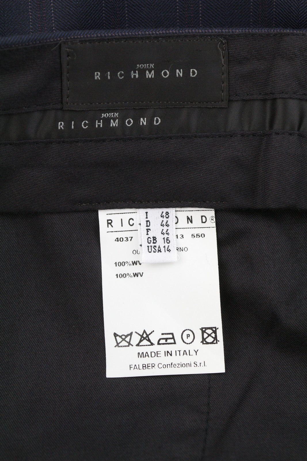 JOHN RICHMOND Women's Trousers EU44 / W33 Navy Pinstriped Wool Flare