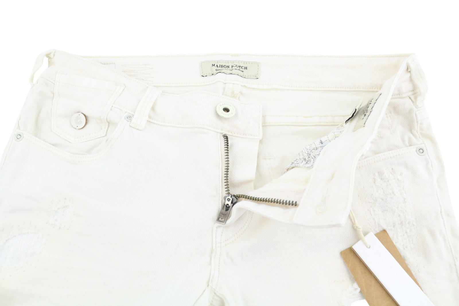 MAISON SCOTCH La Parisienne Women's Jeans W28 Ivory Skinny Distressed Patch