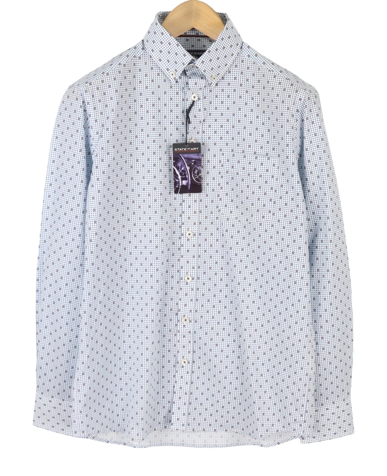 STATE OF ART Regular Fit Men's Shirt S White Print Button-Down Neck