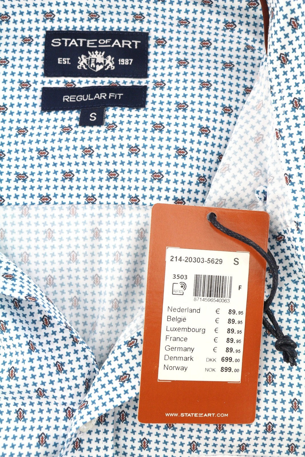 STATE OF ART Regular Fit Men's Shirt S White Print Button-Down Neck