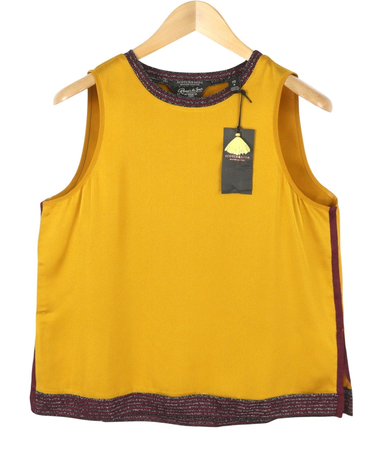MAISON SCOTCH Women's T-Shirt M Mustard Glossy Crew Neck Sleeveless