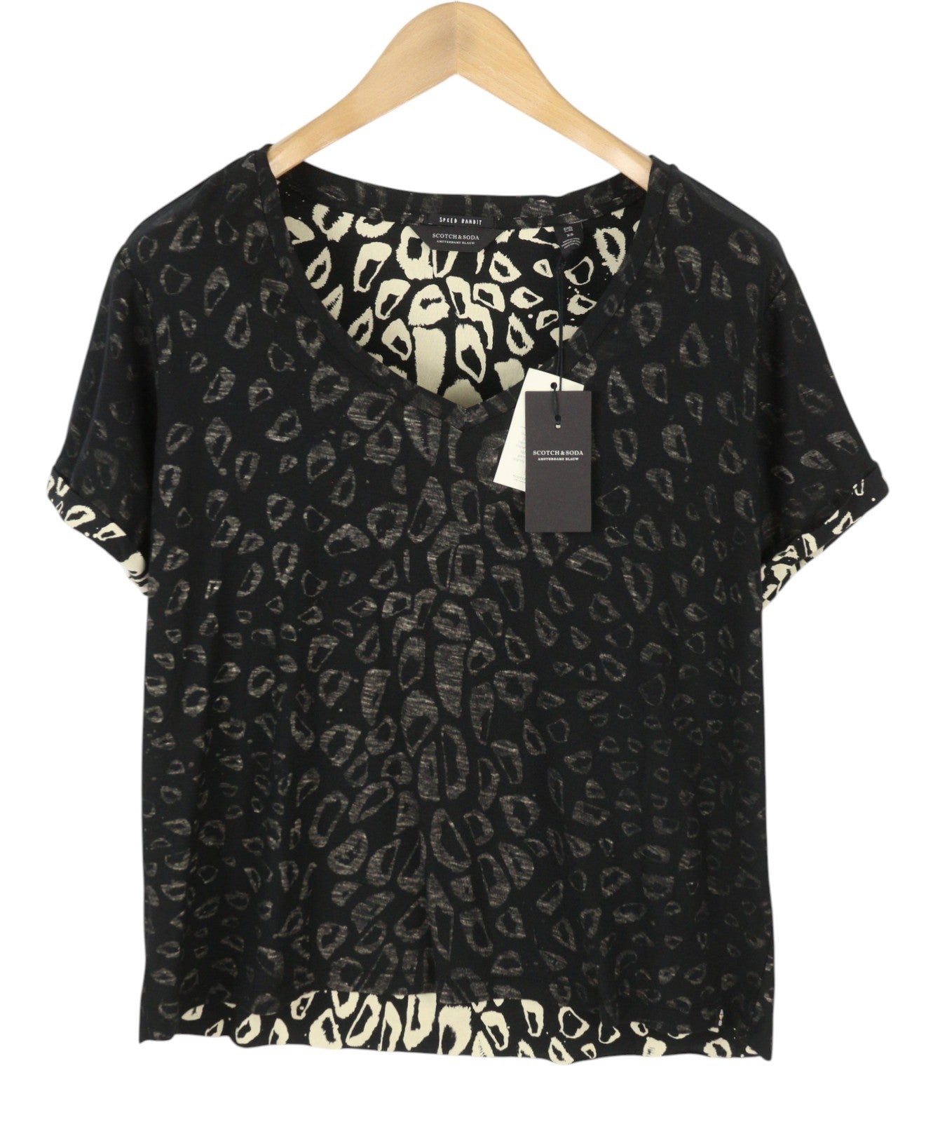 SCOTCH & SODA Women's T-Shirt XS Black Pattern V-Neck Short Sleeve