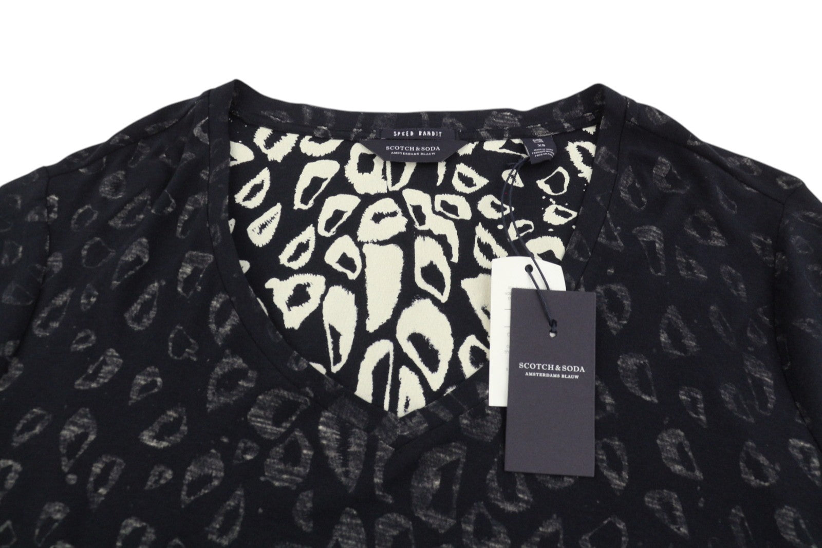 SCOTCH & SODA Women's T-Shirt XS Black Pattern V-Neck Short Sleeve