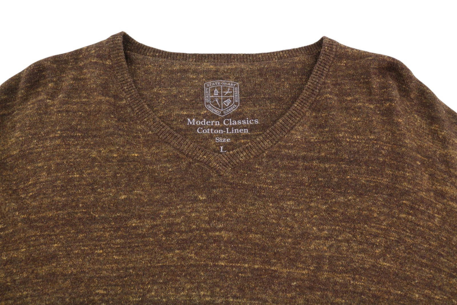 STATE OF ART Men's Jumper L Brown Melange Cotton-Linen Knit Pull On