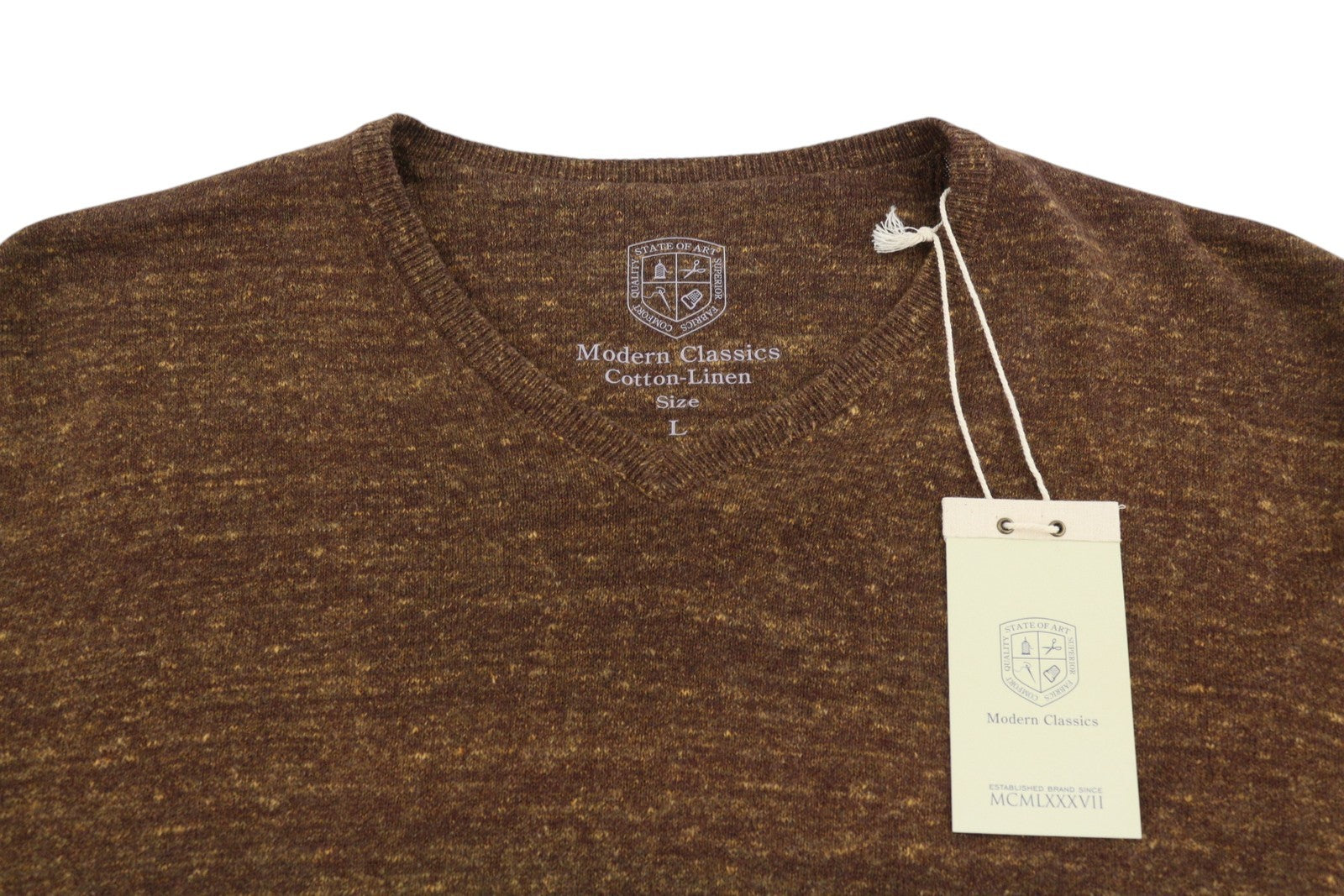 STATE OF ART Men's Jumper L Brown Melange Modern Cotton Linen Pull On