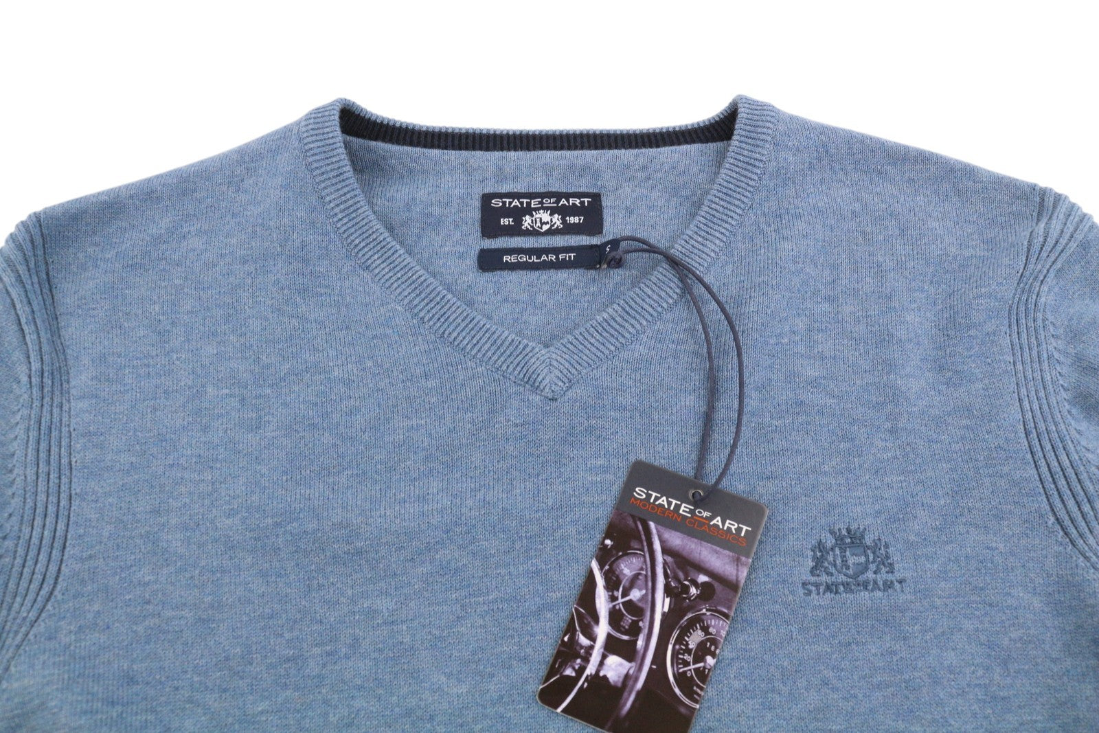 STATE OF ART Regular Fit Men's Jumper S Blue Melange V-Neck Pull On