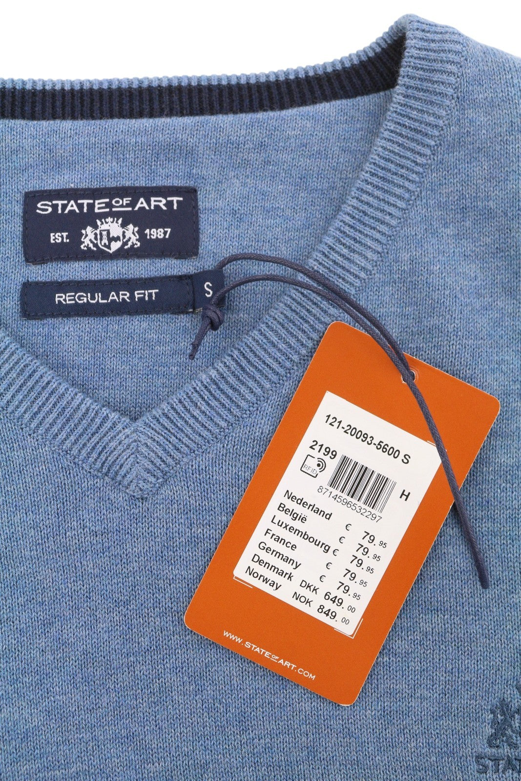 STATE OF ART Regular Fit Men's Jumper S Blue Melange V-Neck Pull On