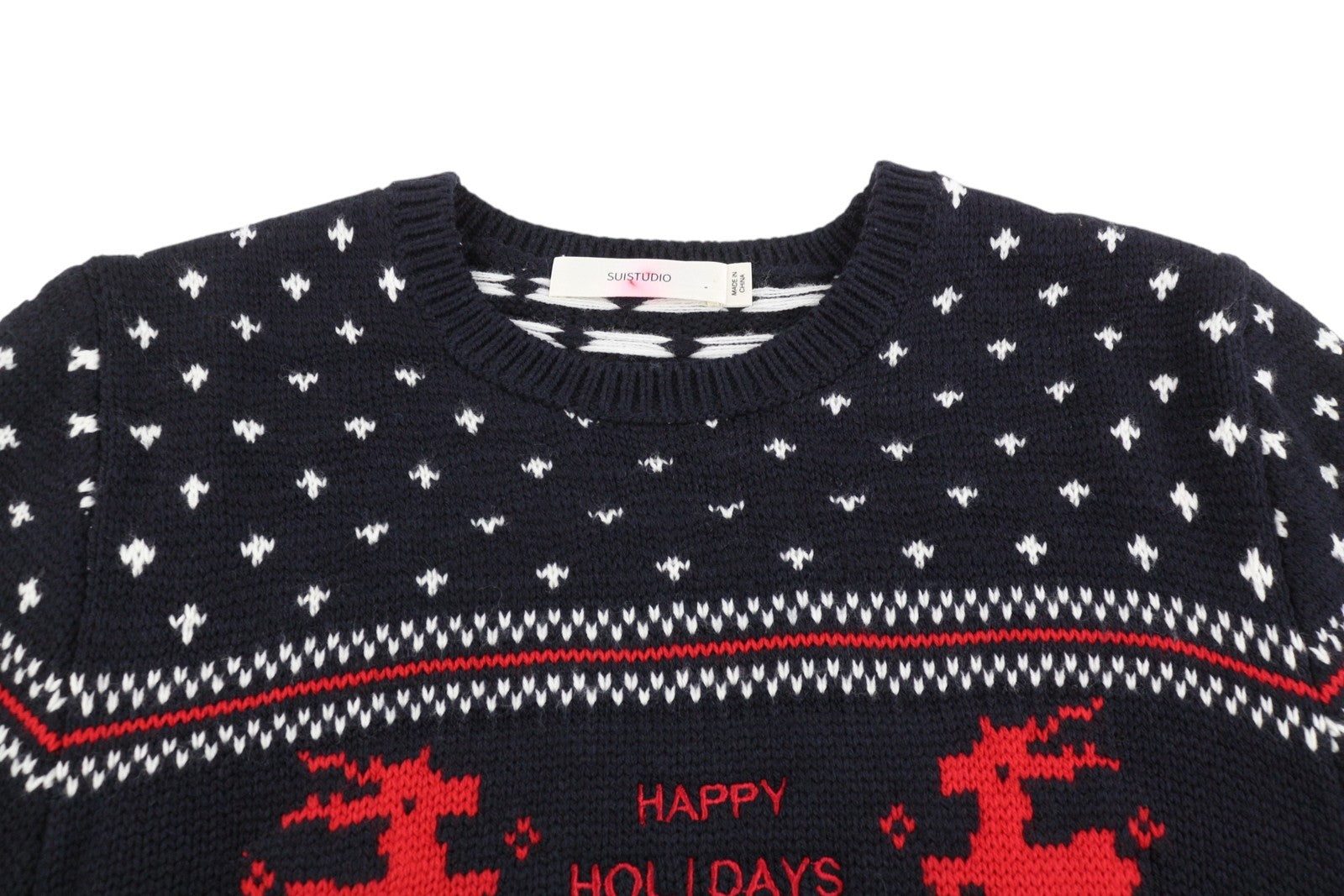 SUISTUDIO Women's Jumper M Navy Wool Blend Happy Holidays Pull On