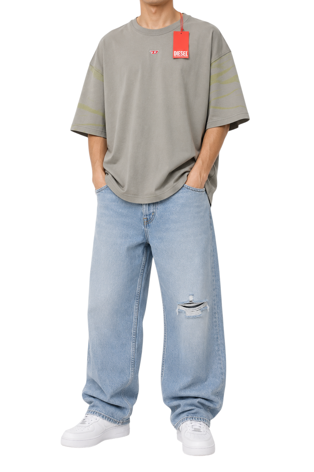 DIESEL T-Boxt-R23 Men T-Shirt L Grey Tricot Oversized Crew Neck Short Sleeve